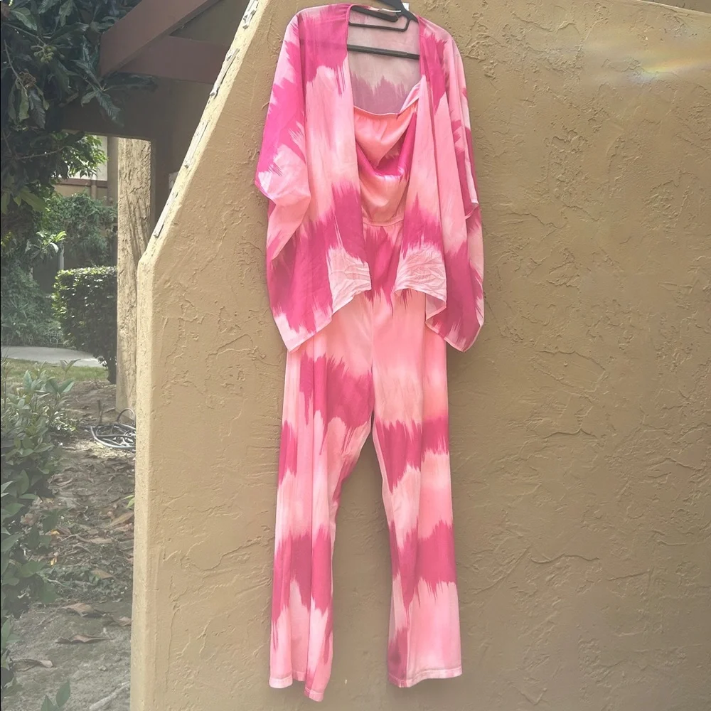 New York & Co Pink Tie-Dye Mesh Strapless Jumpsuit + Matching Top Set | L/XL - Picture 3 of 6